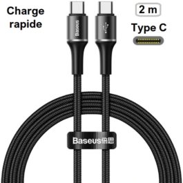 Câble USB Type C vers Type C noir tressé, 60W, 2m, Baseus