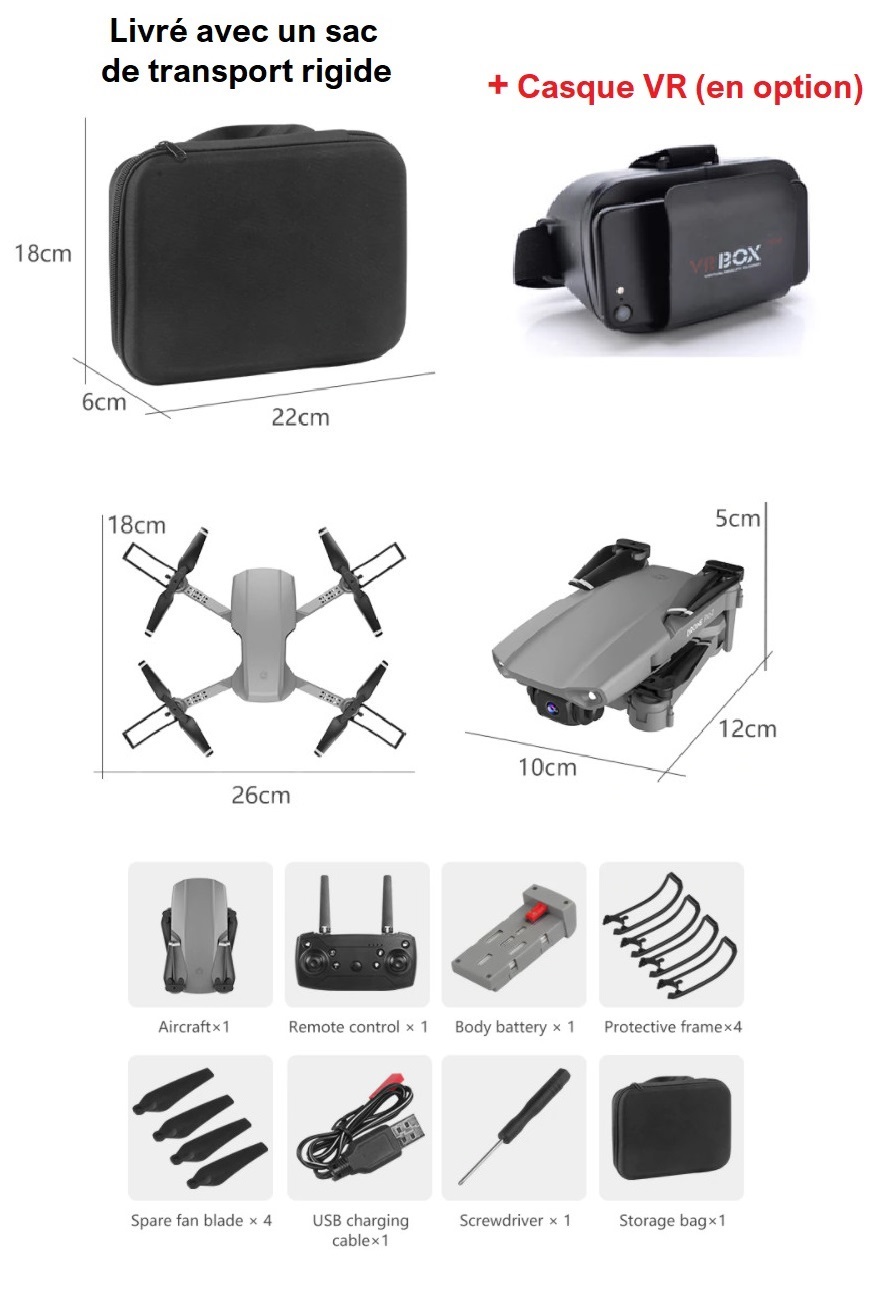 Drone E99 PRO 2, Wifi FPV, caméra 4k + boîte transport (options