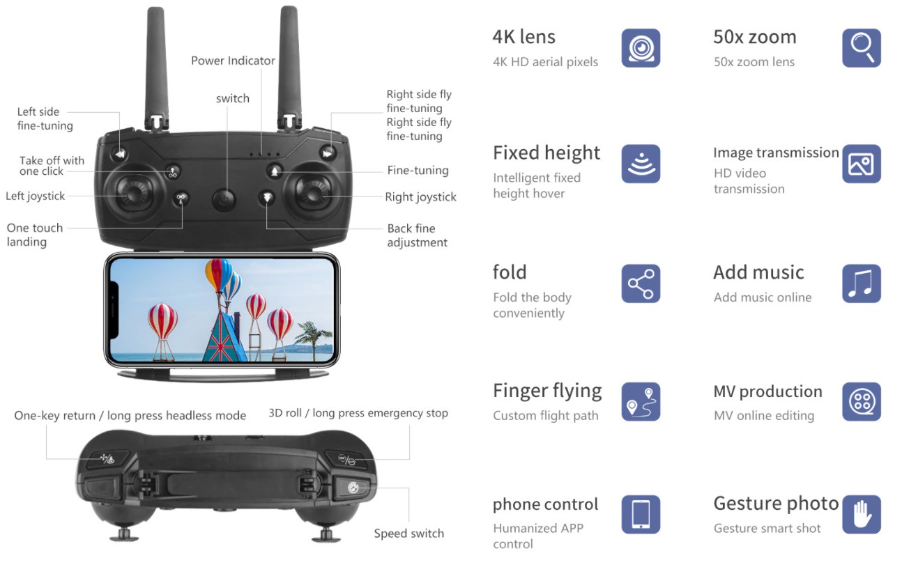 Drone E99 PRO 2, Wifi FPV, caméra 4k + boîte transport (options