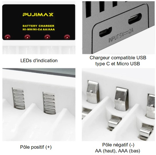 Chargeur USB pour pile rechargeable AA/AAA, noir - Seb high-tech